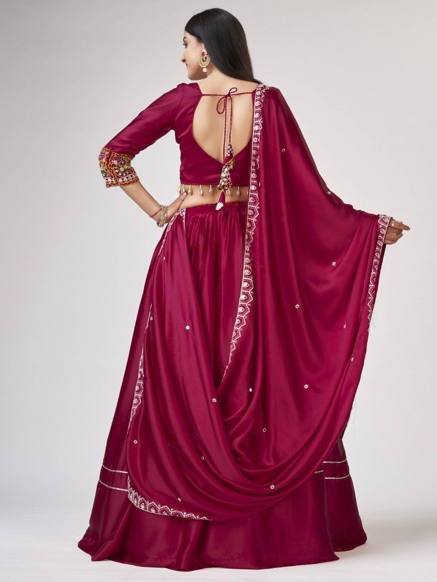 Maroon Gamthi Worked Satin Silk Navratri Wear Lehenga Choli