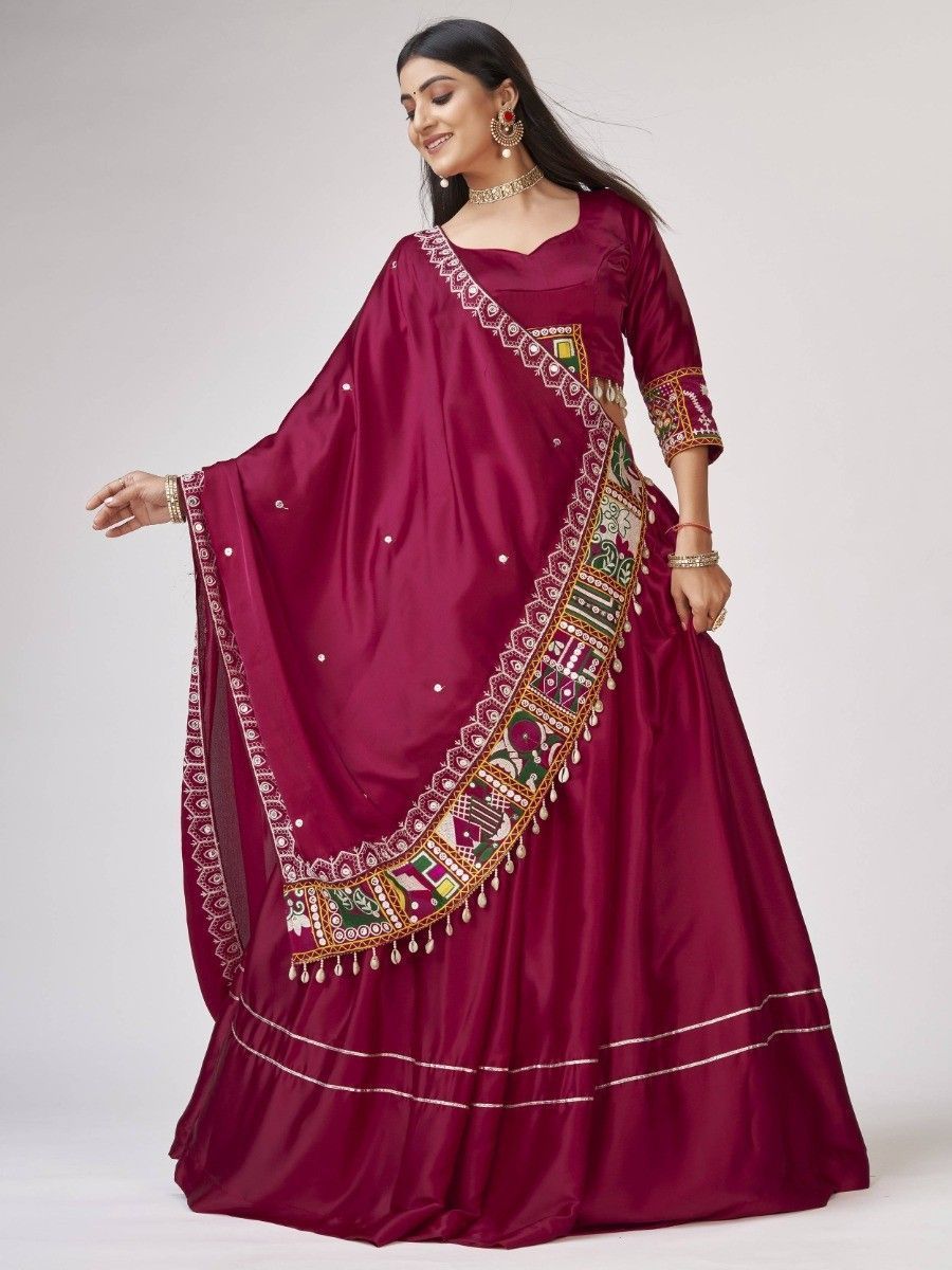 Maroon Gamthi Worked Satin Silk Navratri Wear Lehenga Choli