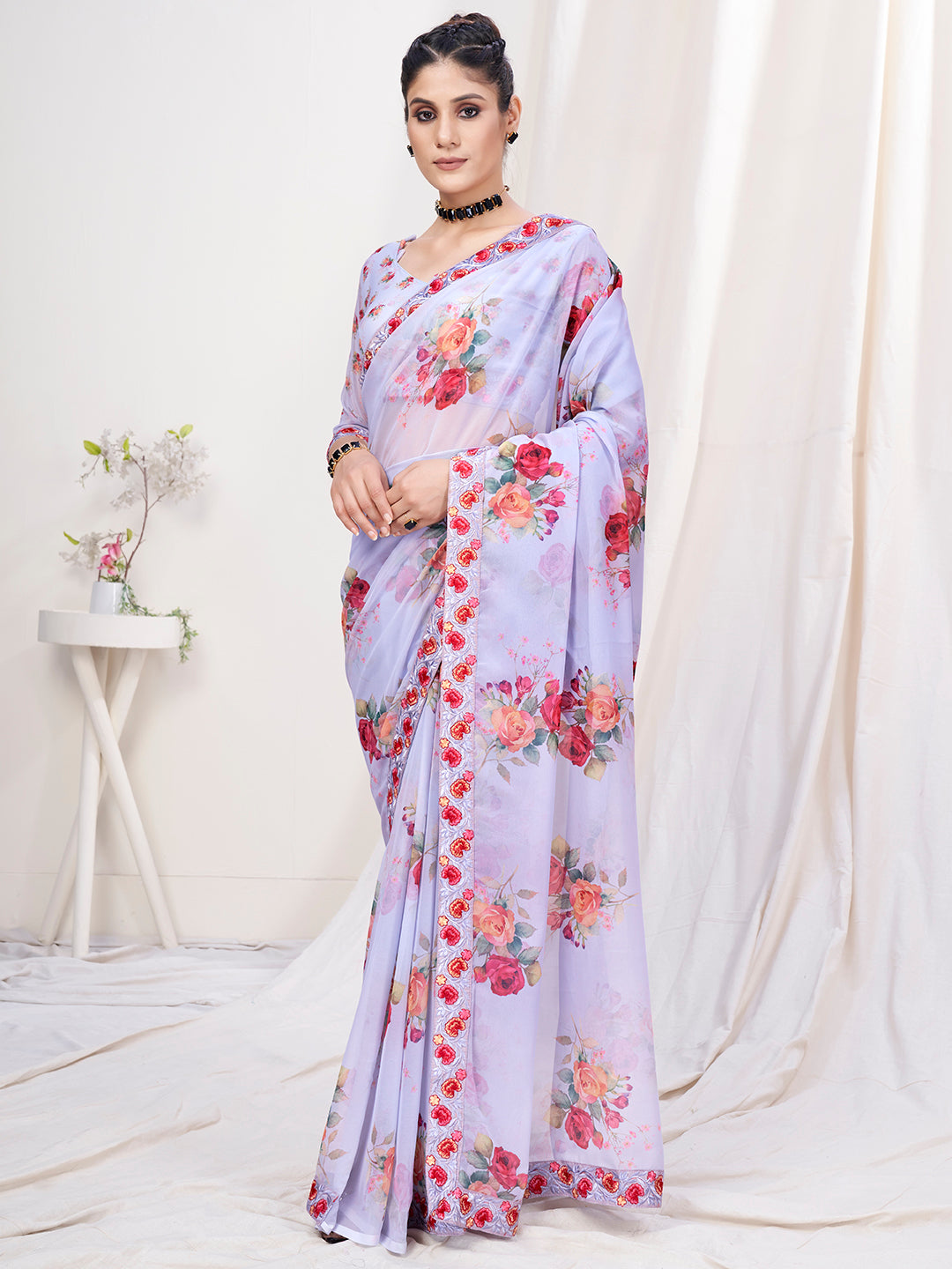 Pale Lavender Floral Designer Georgette Saree