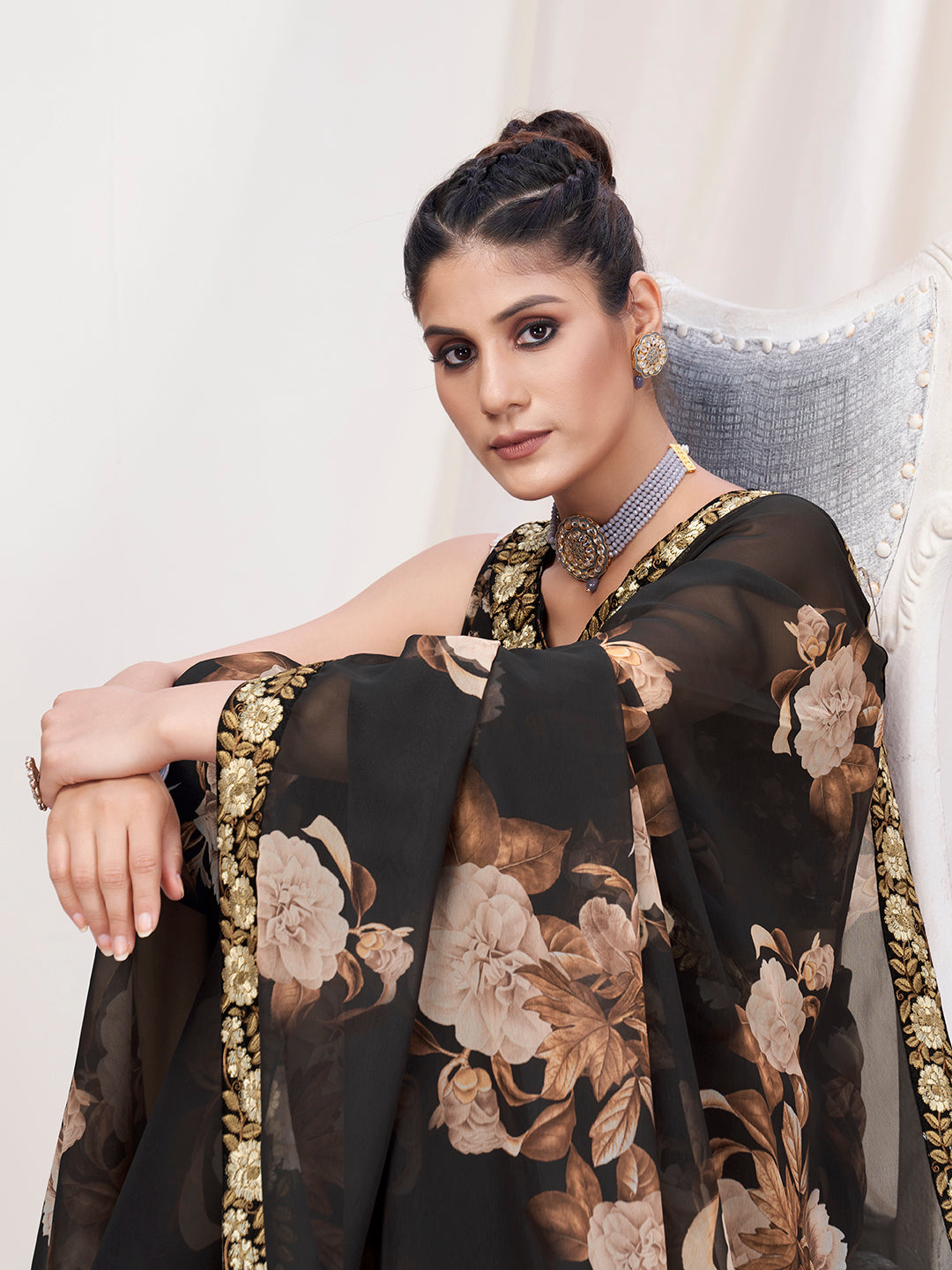 Ebony Black Floral Designer Georgette Saree