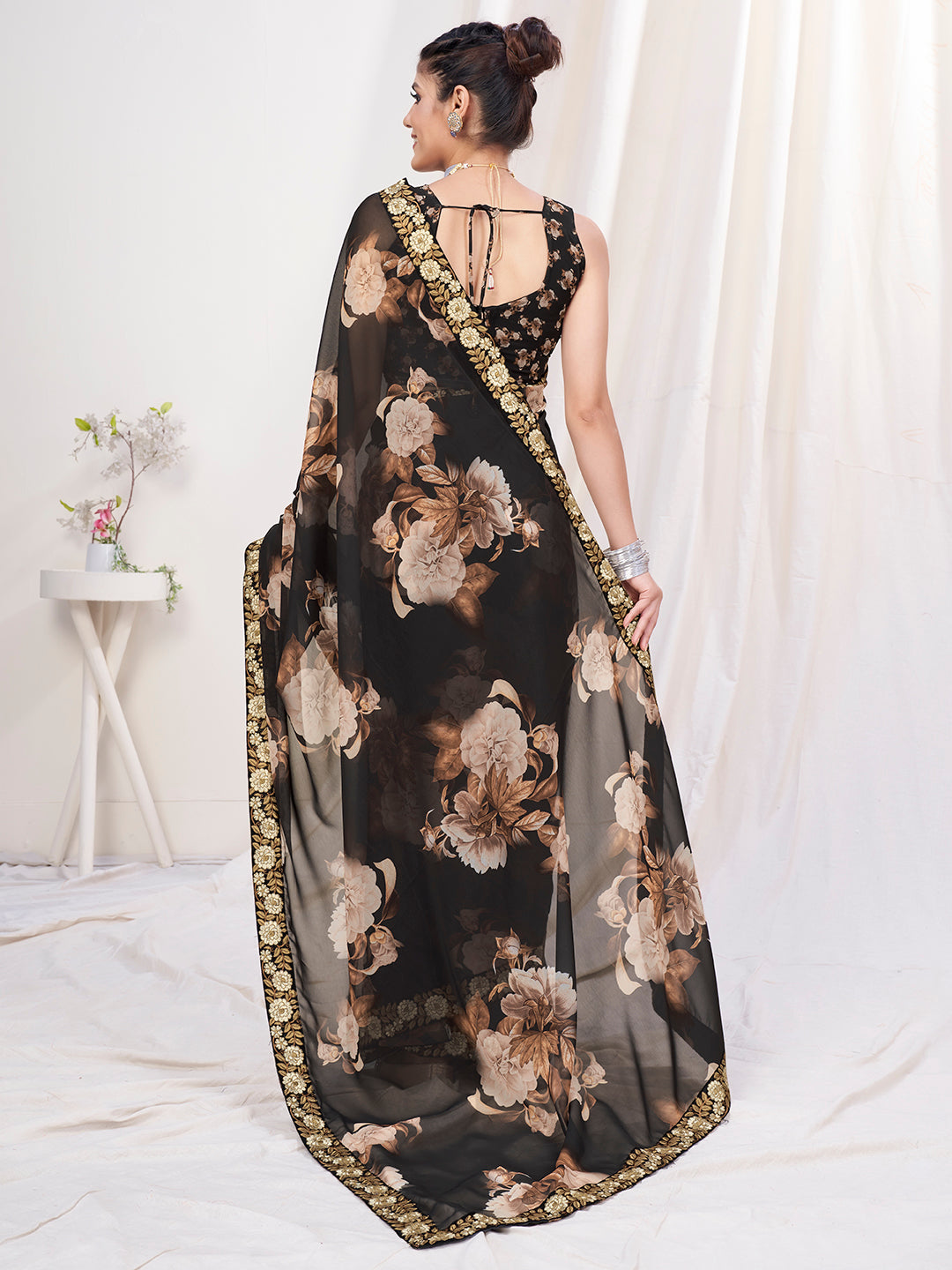 Ebony Black Floral Designer Georgette Saree