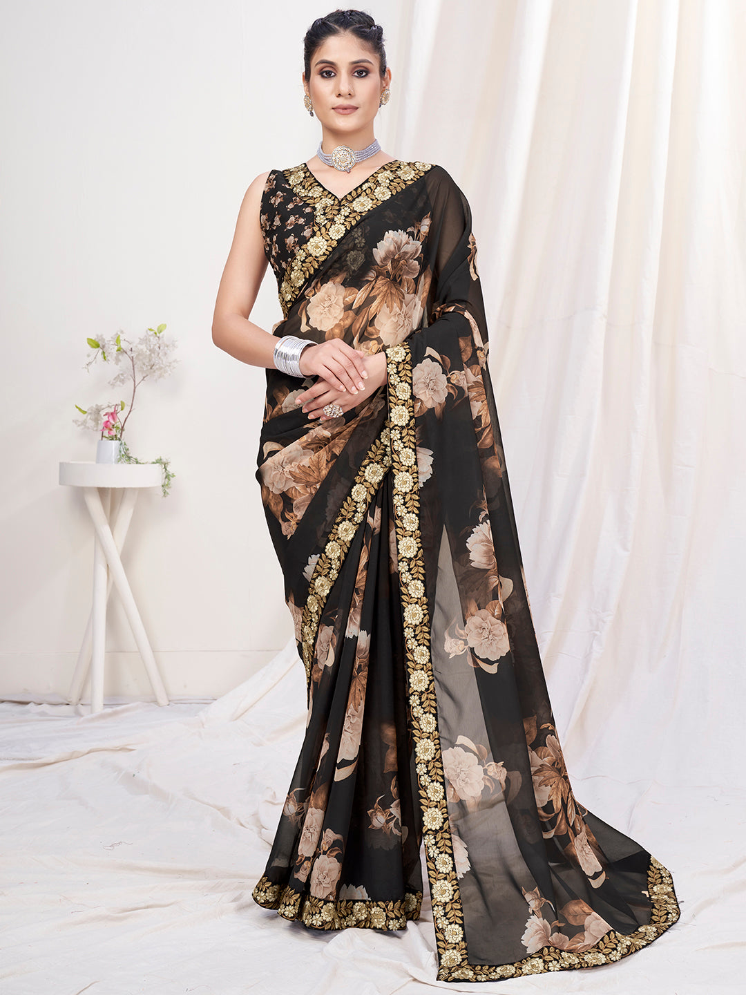 Ebony Black Floral Designer Georgette Saree