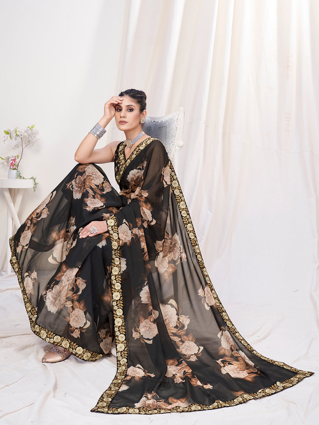 Ebony Black Floral Designer Georgette Saree