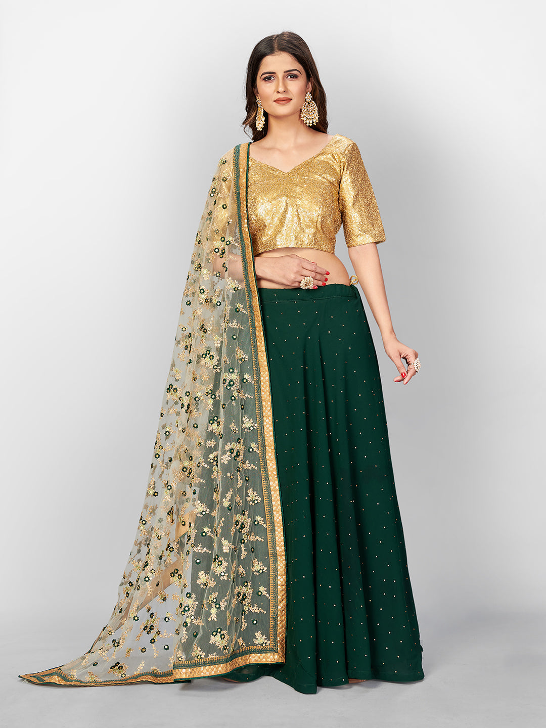 Green & Gold Lehenga Choli With Embroidered Dupatta