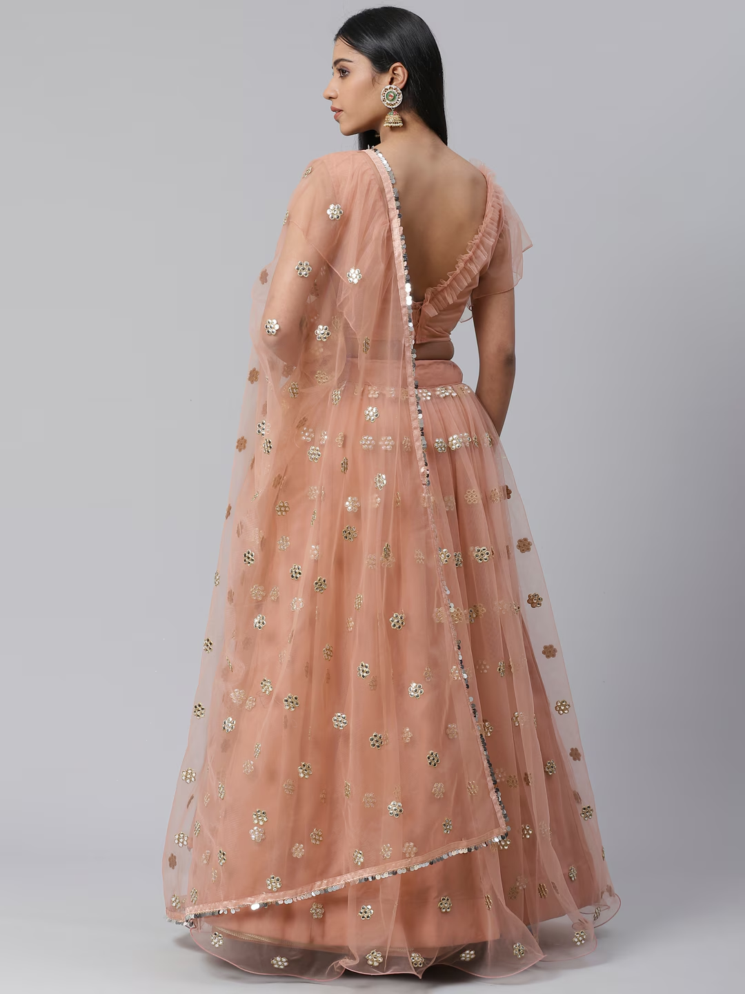 Peach Net Semi-Stitch Lehenga Choli For Reception