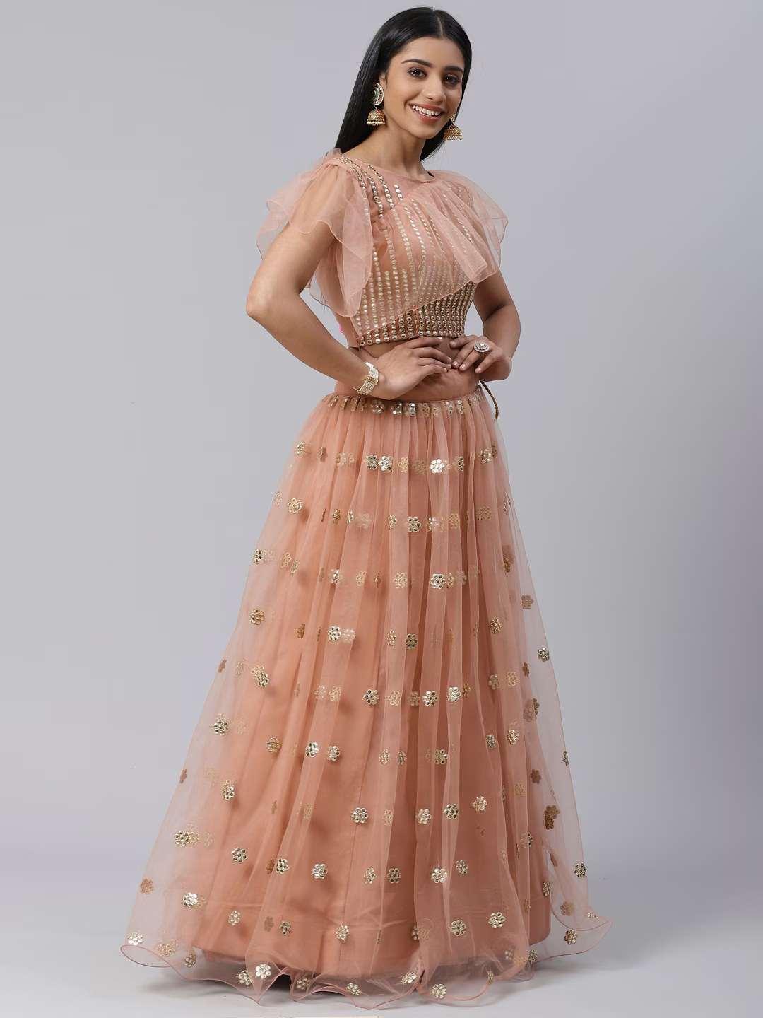 Peach Net Semi-Stitch Lehenga Choli For Reception