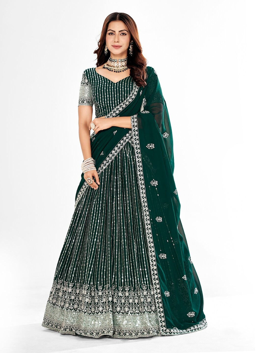 Green Embroidered Semi-Stitched Lehenga & Unstitched Blouse With Dupatta