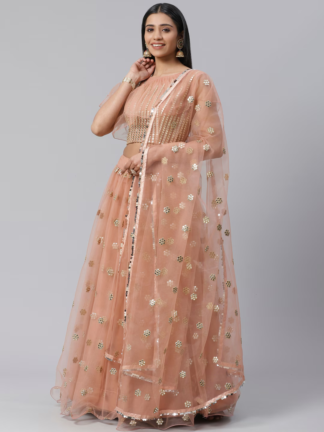 Peach Net Semi-Stitch Lehenga Choli For Reception