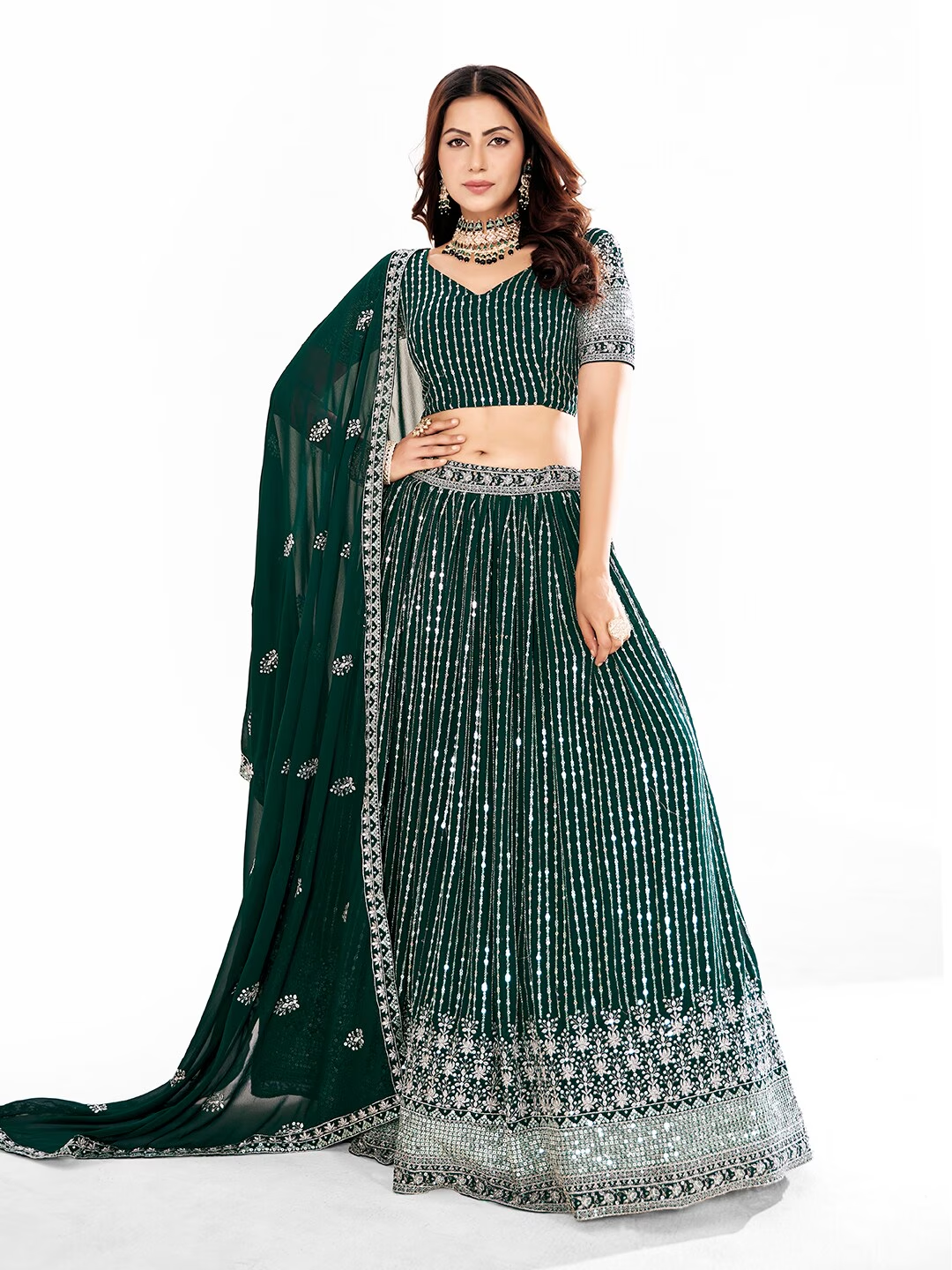 Green Embroidered Semi-Stitched Lehenga & Unstitched Blouse With Dupatta