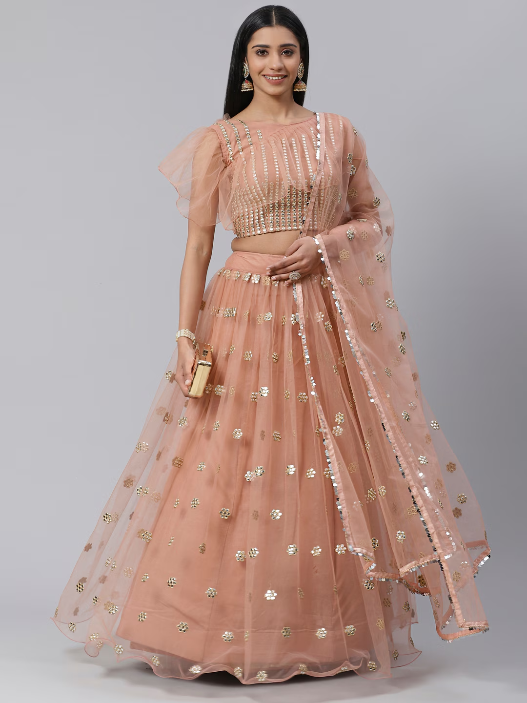 Peach Net Semi-Stitch Lehenga Choli For Reception