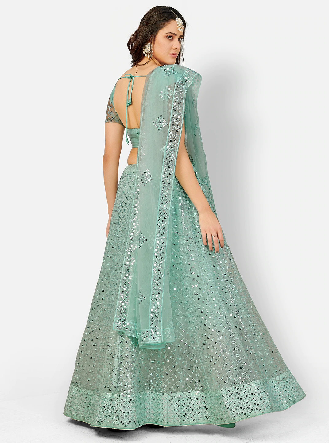 Fabulous Turquoise and Silver Sequins Sangeet Special Lehenga and Blouse With Dupatta