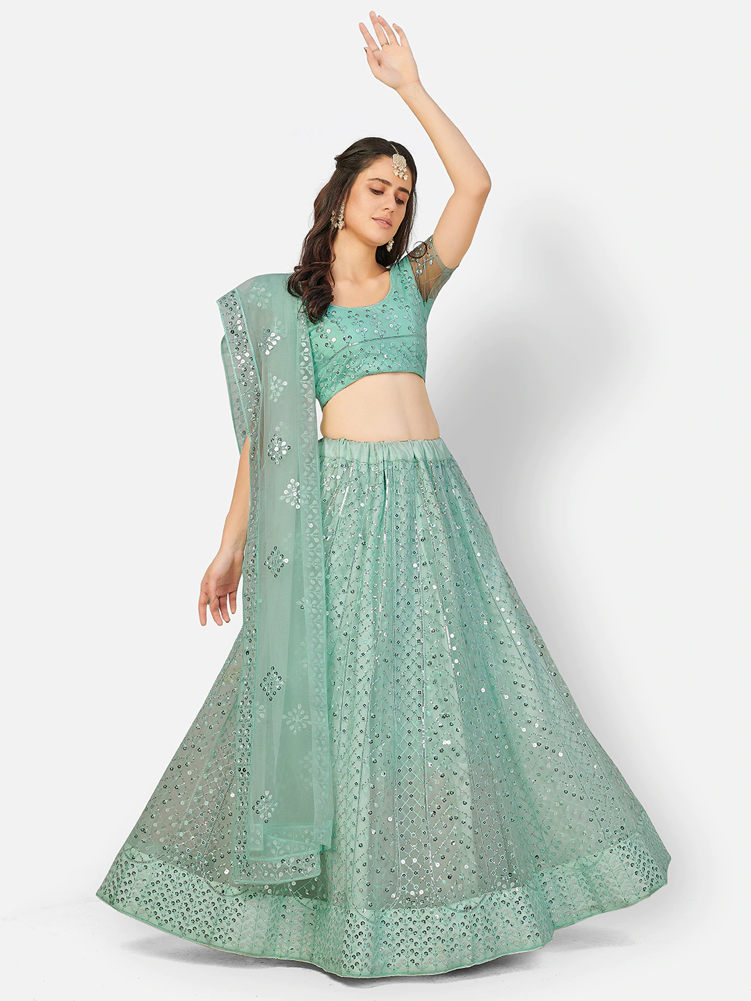 Fabulous Turquoise and Silver Sequins Sangeet Special Lehenga and Blouse With Dupatta