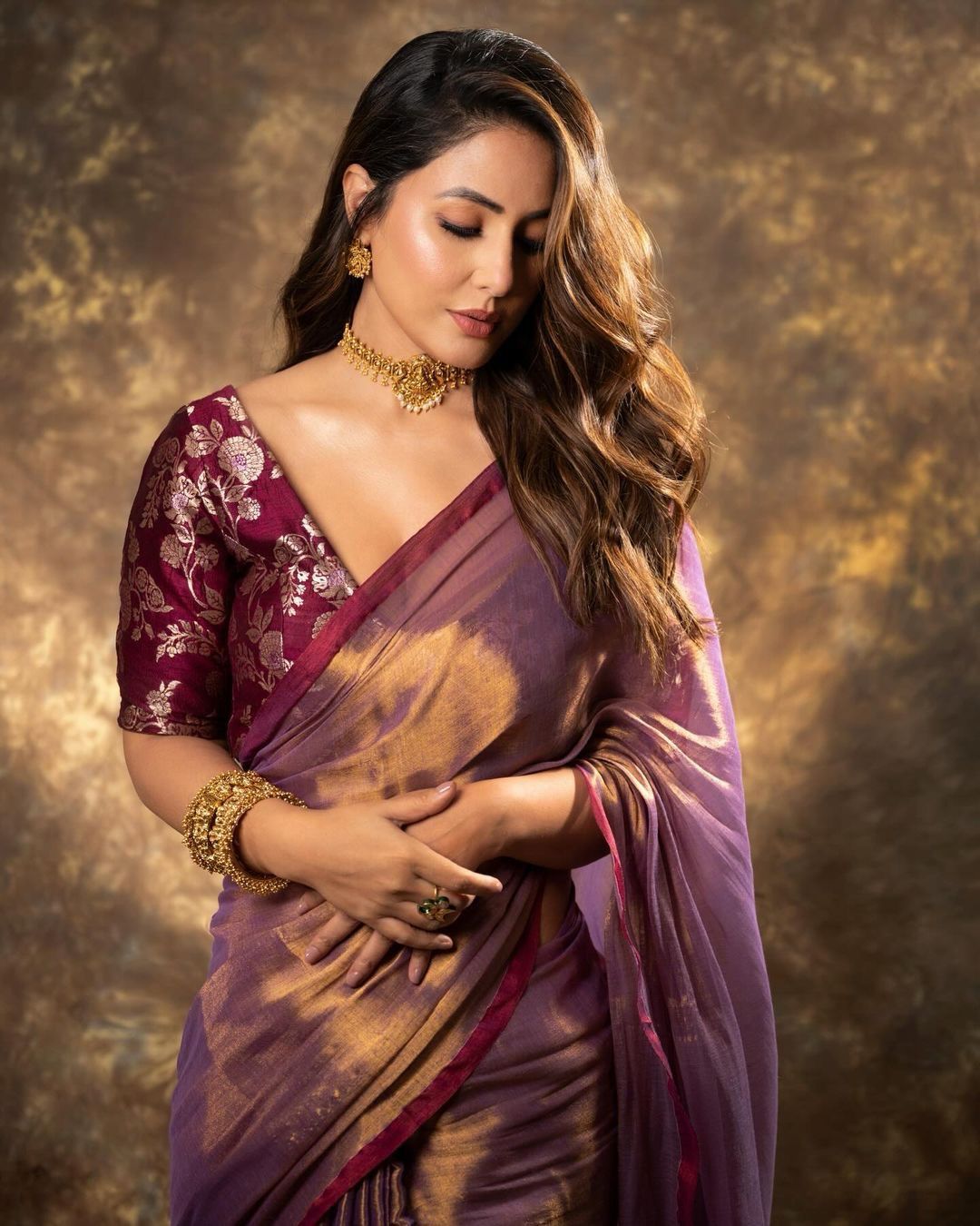 Hina Khan Purple Jimmy Chu Silk Banarasi Bollywood Saree