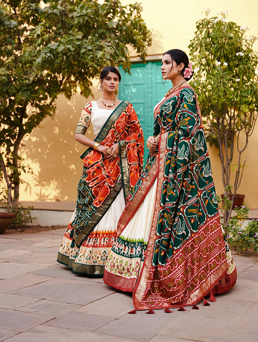 White & Green Patola Silk Lehenga Choli With Contrast Dupatta