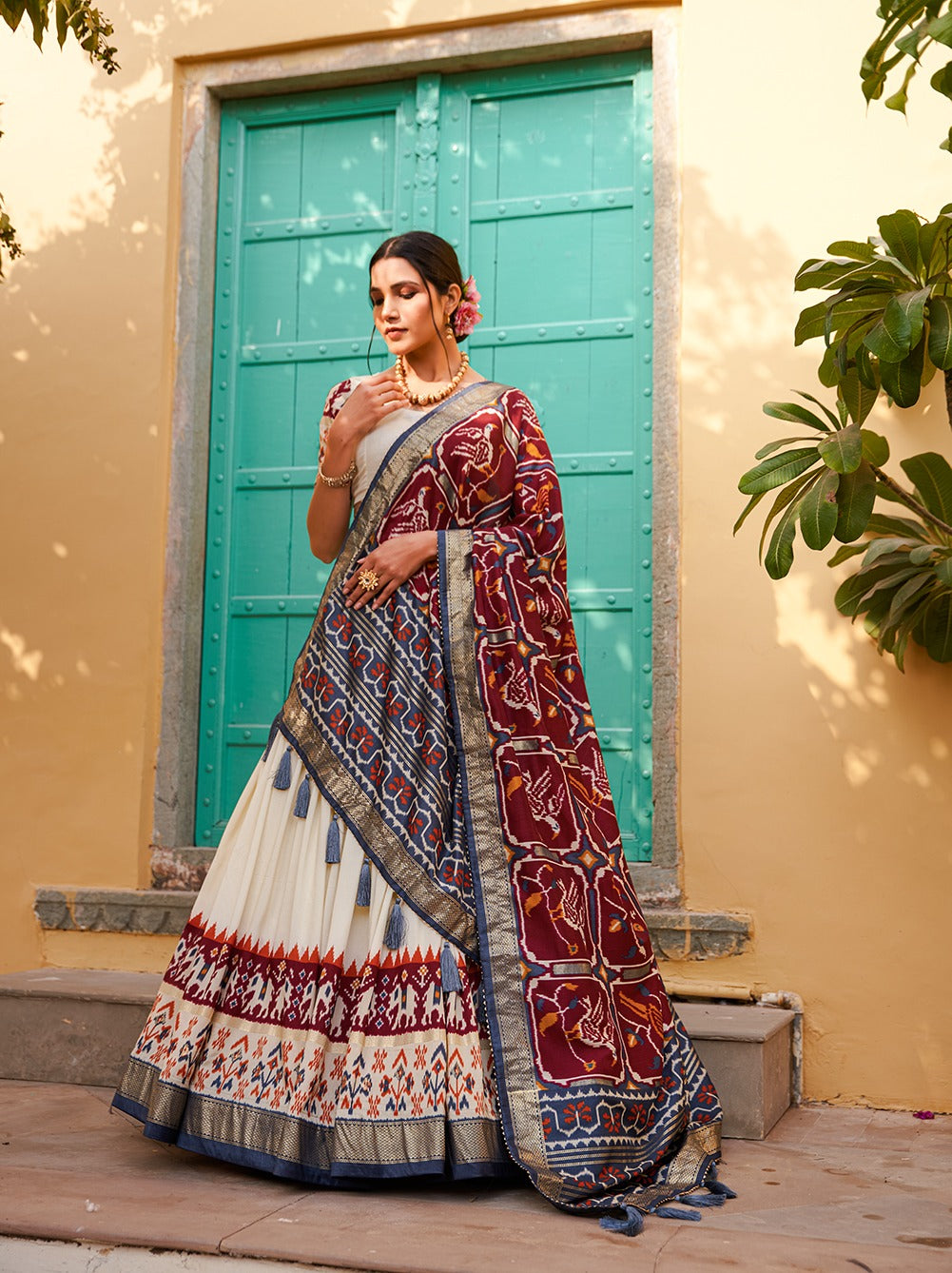 White & Maroon Patola Silk Lehenga Choli With Contrast Dupatta