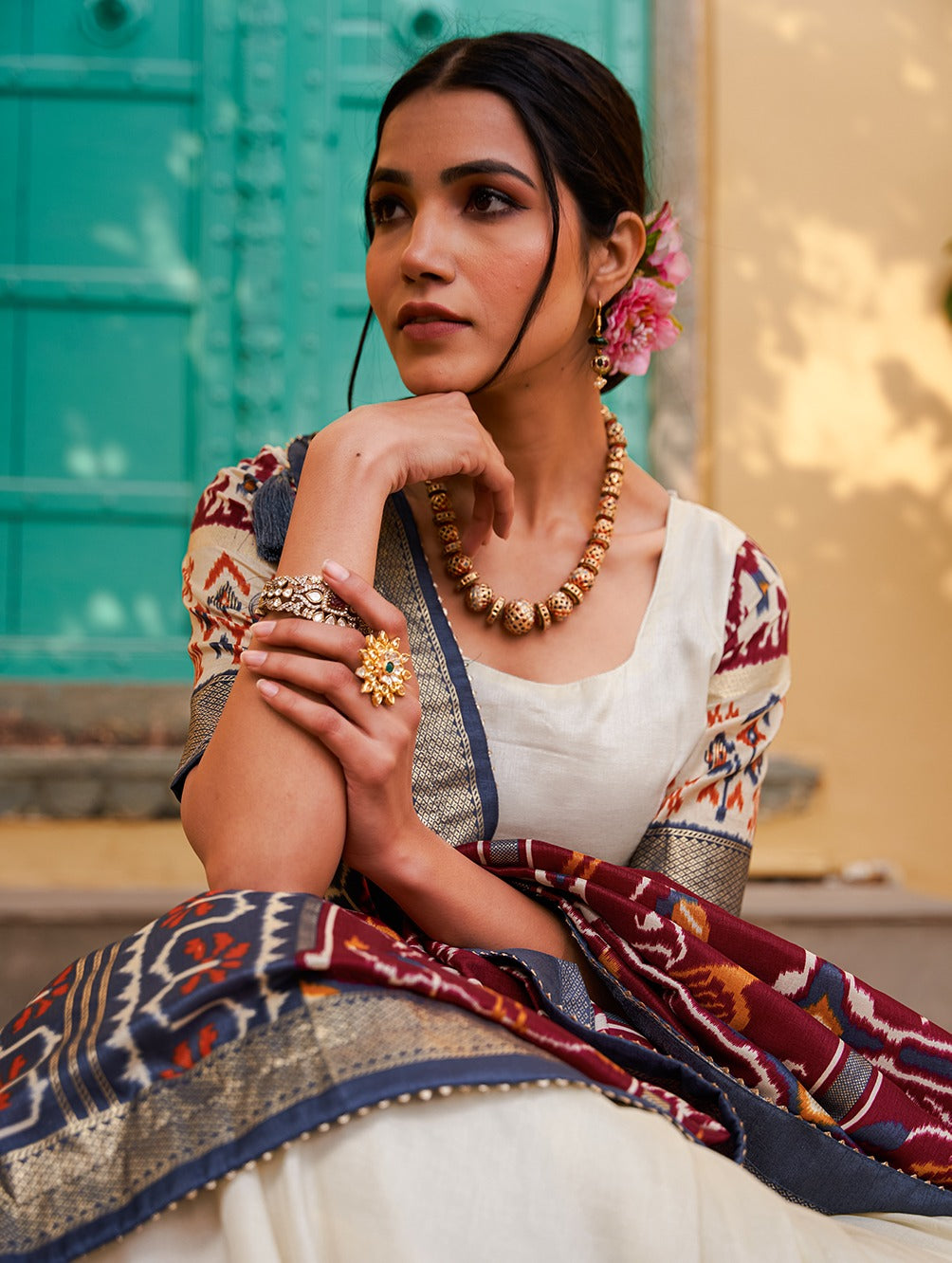 White & Maroon Patola Silk Lehenga Choli With Contrast Dupatta