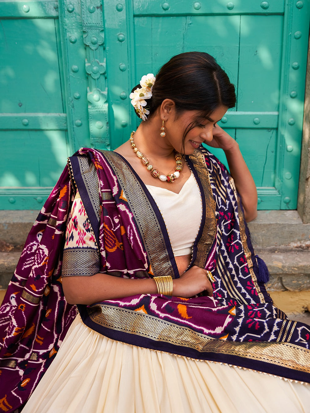 White & Purple Patola Silk Lehenga Choli With Contrast Dupatta