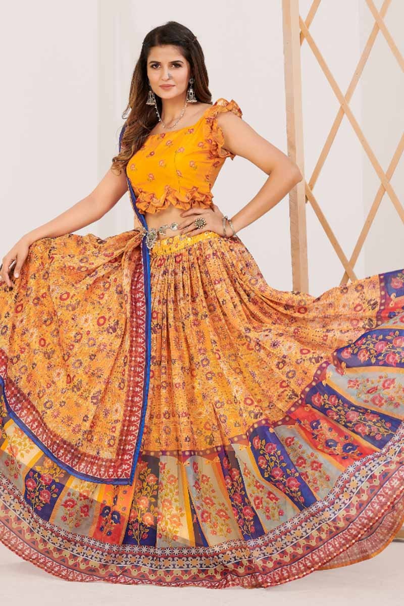 Designer Yellow and Blue Printed Lehenga and Blouse With Dupatta