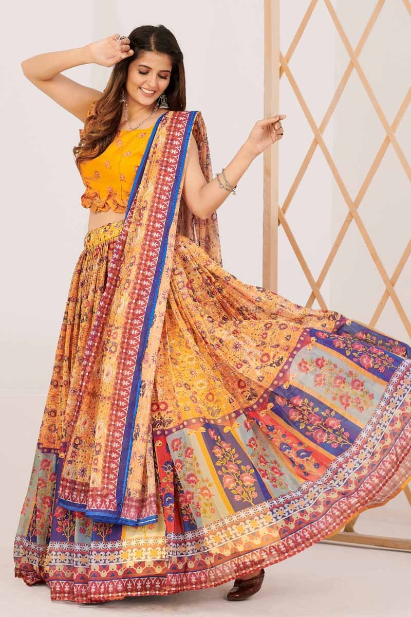 Designer Yellow and Blue Printed Lehenga and Blouse With Dupatta