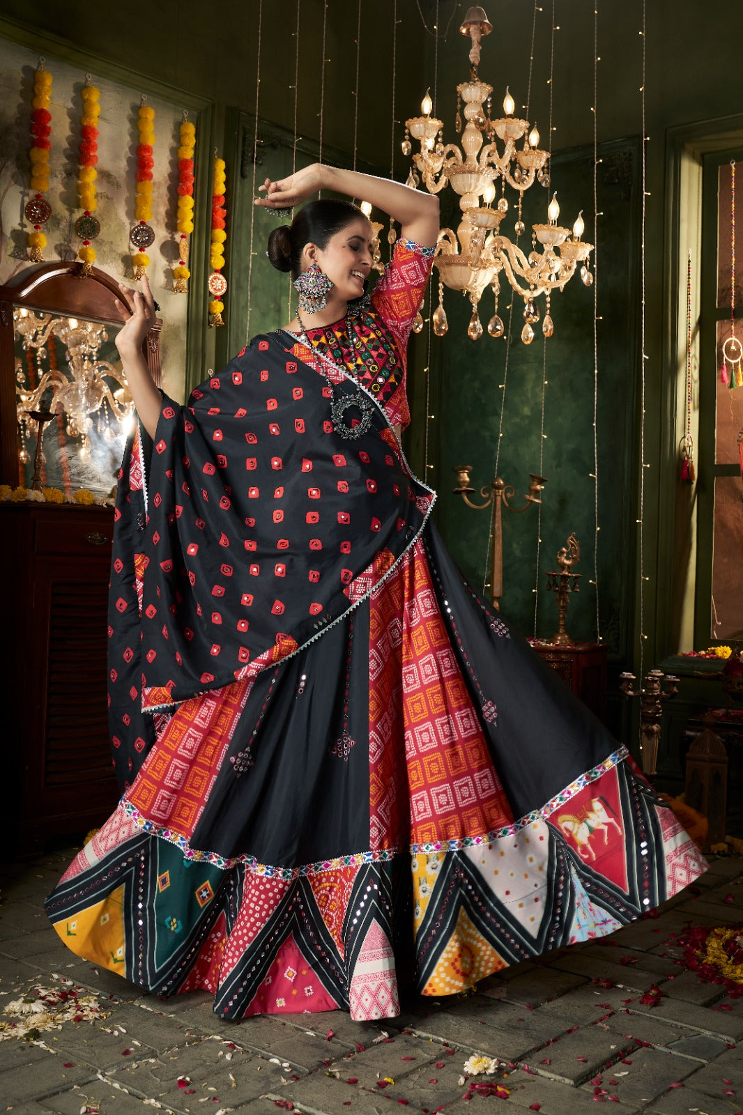 Black & Multi Mirror Worked Muslin Cotton Navratri Chaniya Choli