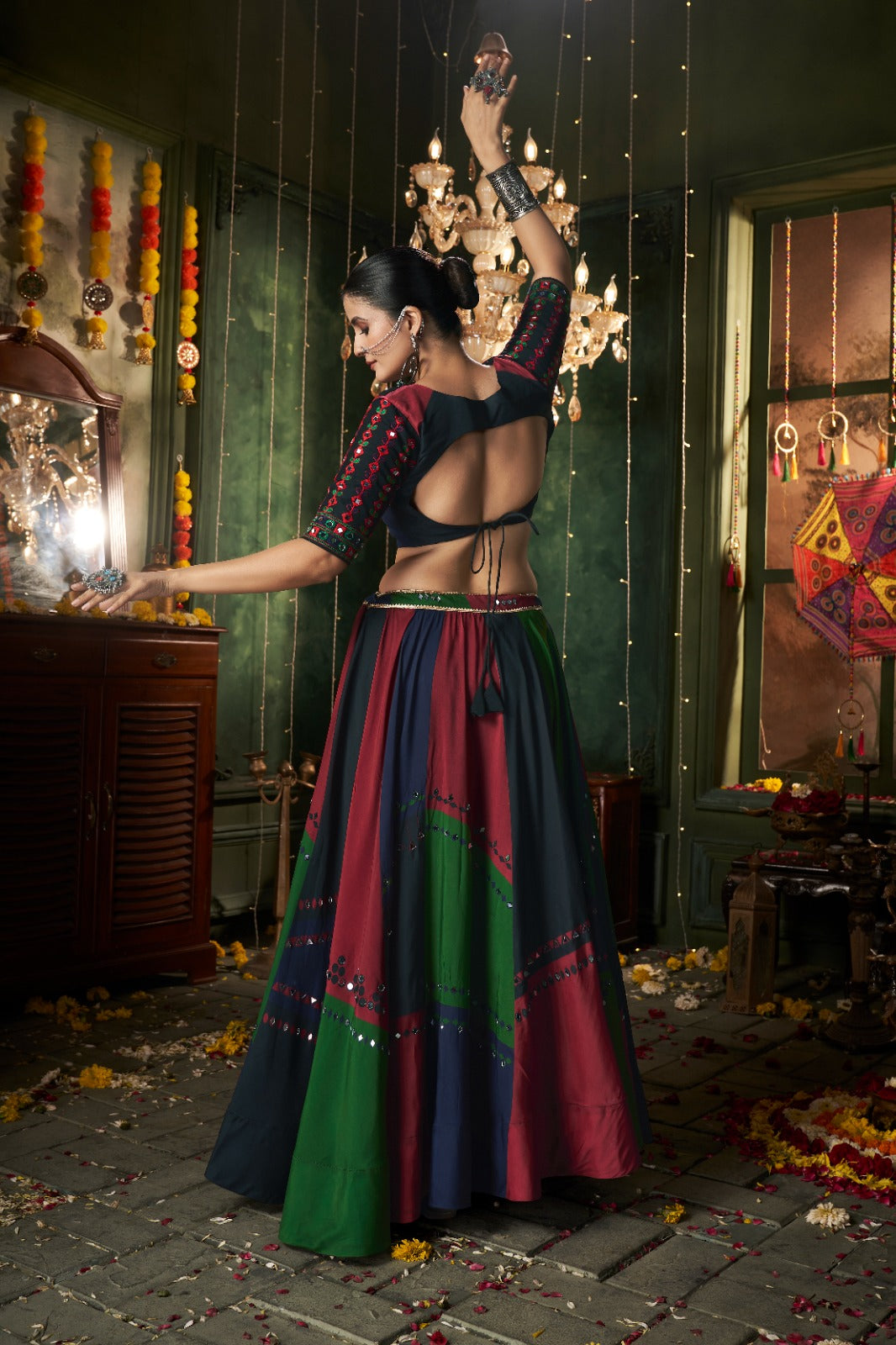 Multicolor Mirror Worked Muslin Cotton Navratri Chaniya Choli