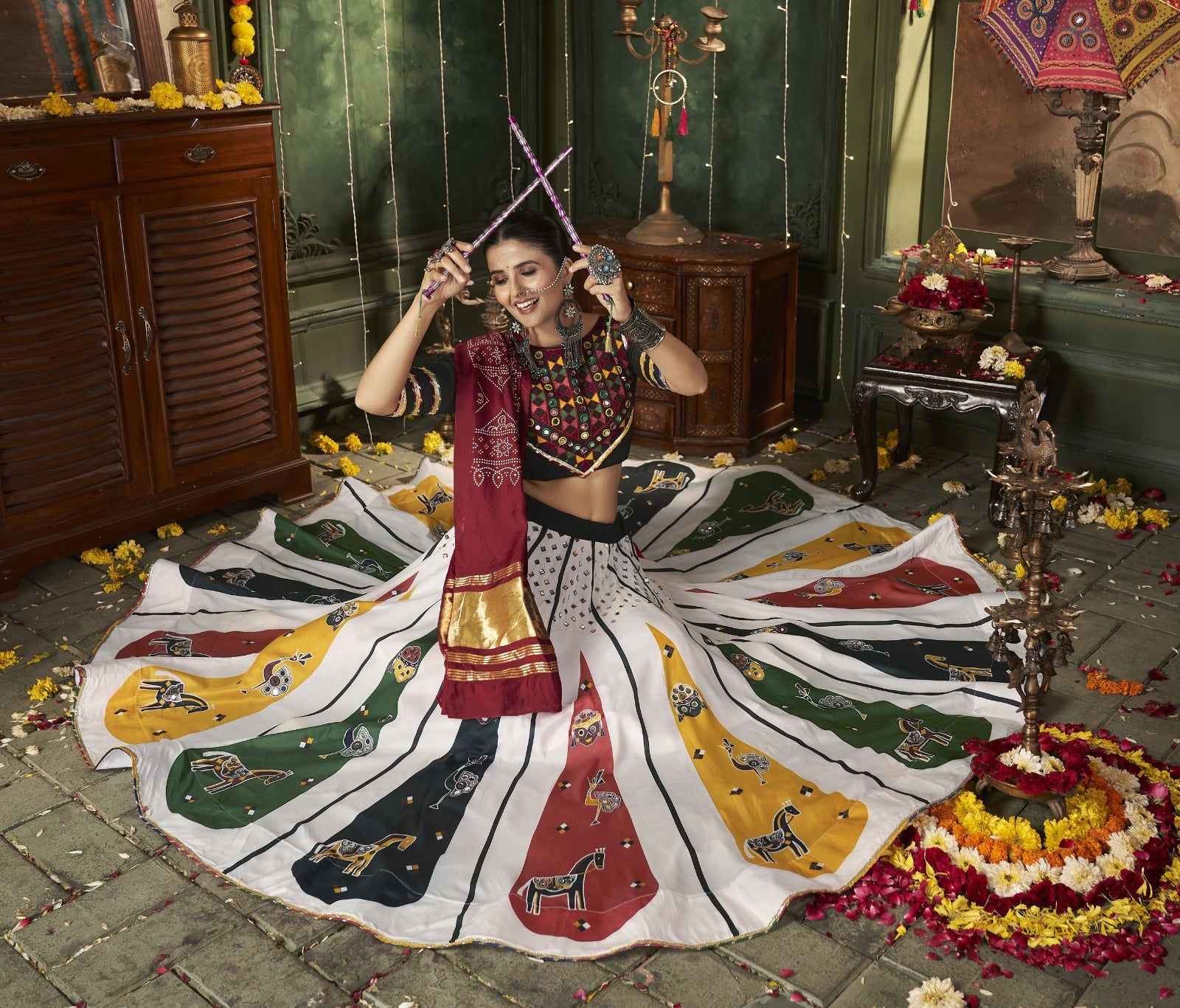 White Mirror Worked Muslin Cotton Navratri Chaniya Choli