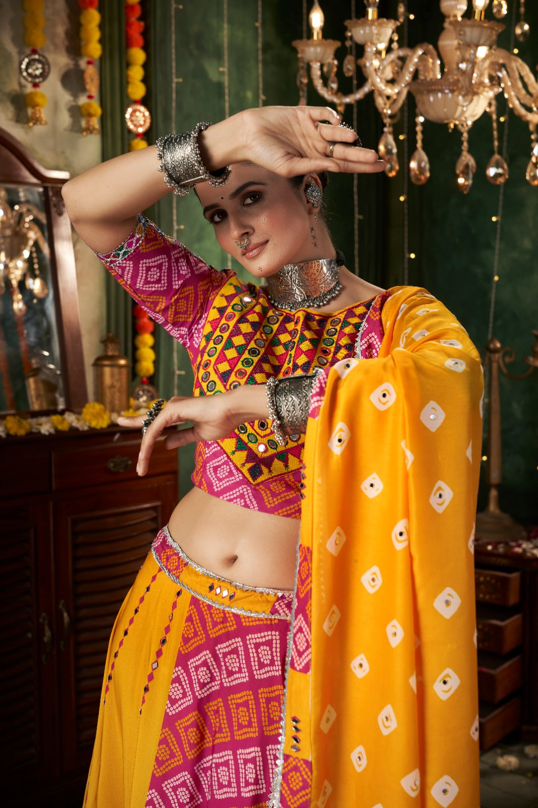 Yellow Mirror Worked Muslin Cotton Navratri Chaniya Choli