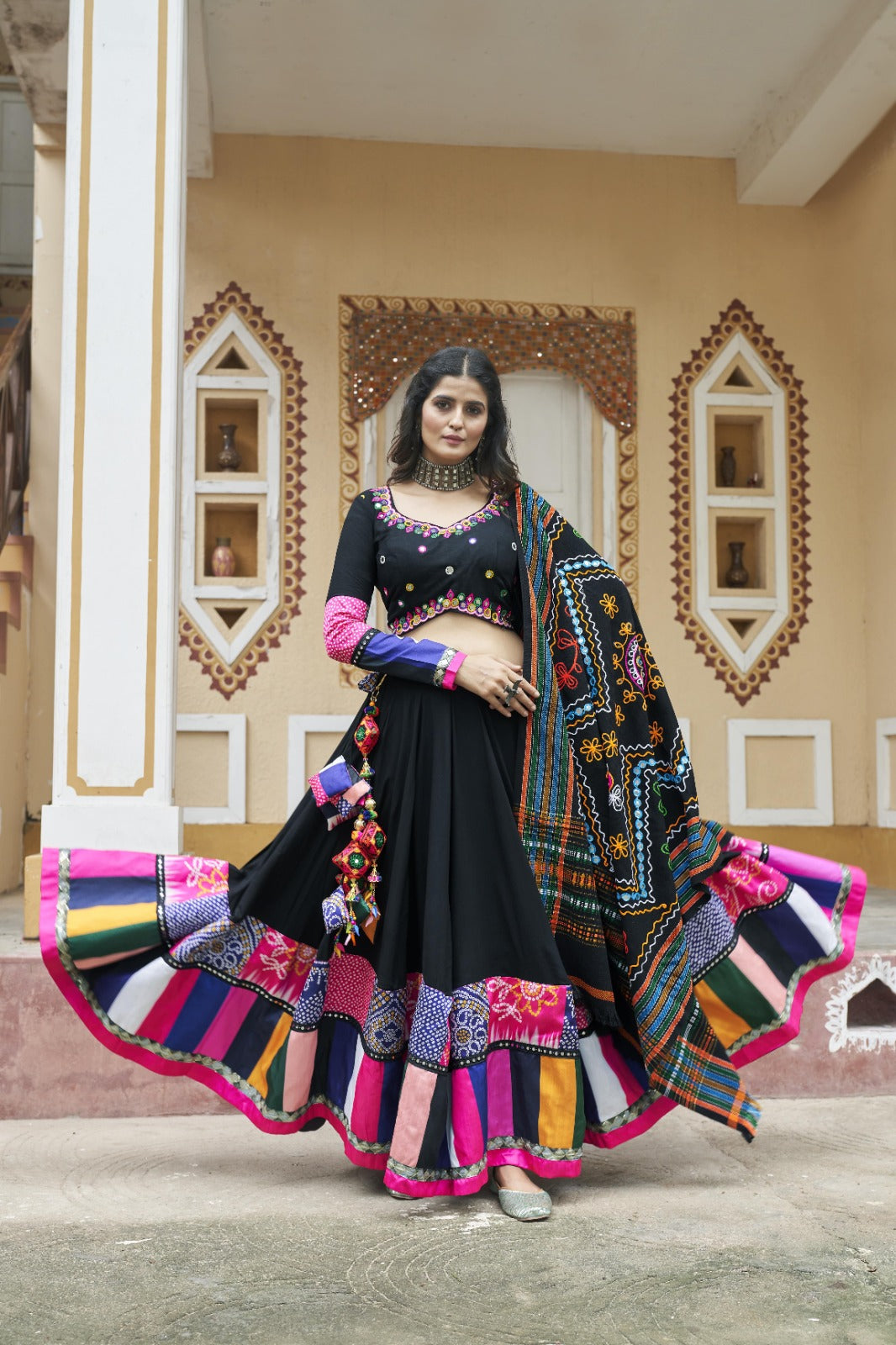 Black Viscose Rayon Embroidered Navratri Lehenga Choli