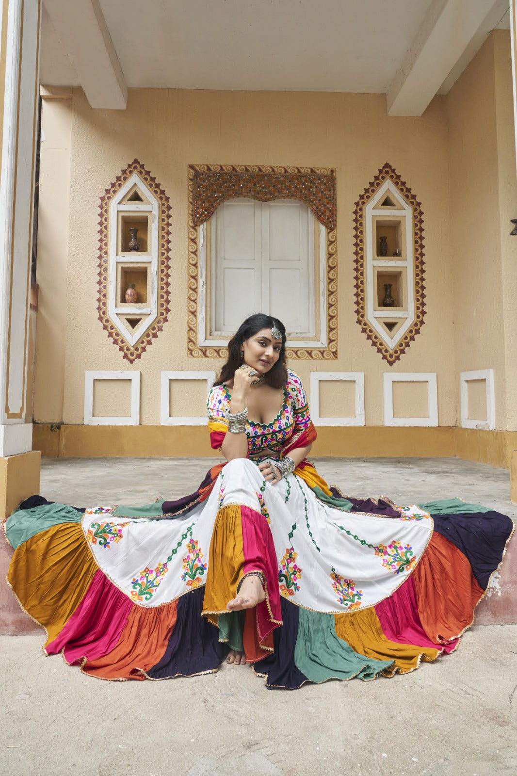 White Viscose Rayon Embroidered Navratri Lehenga Choli