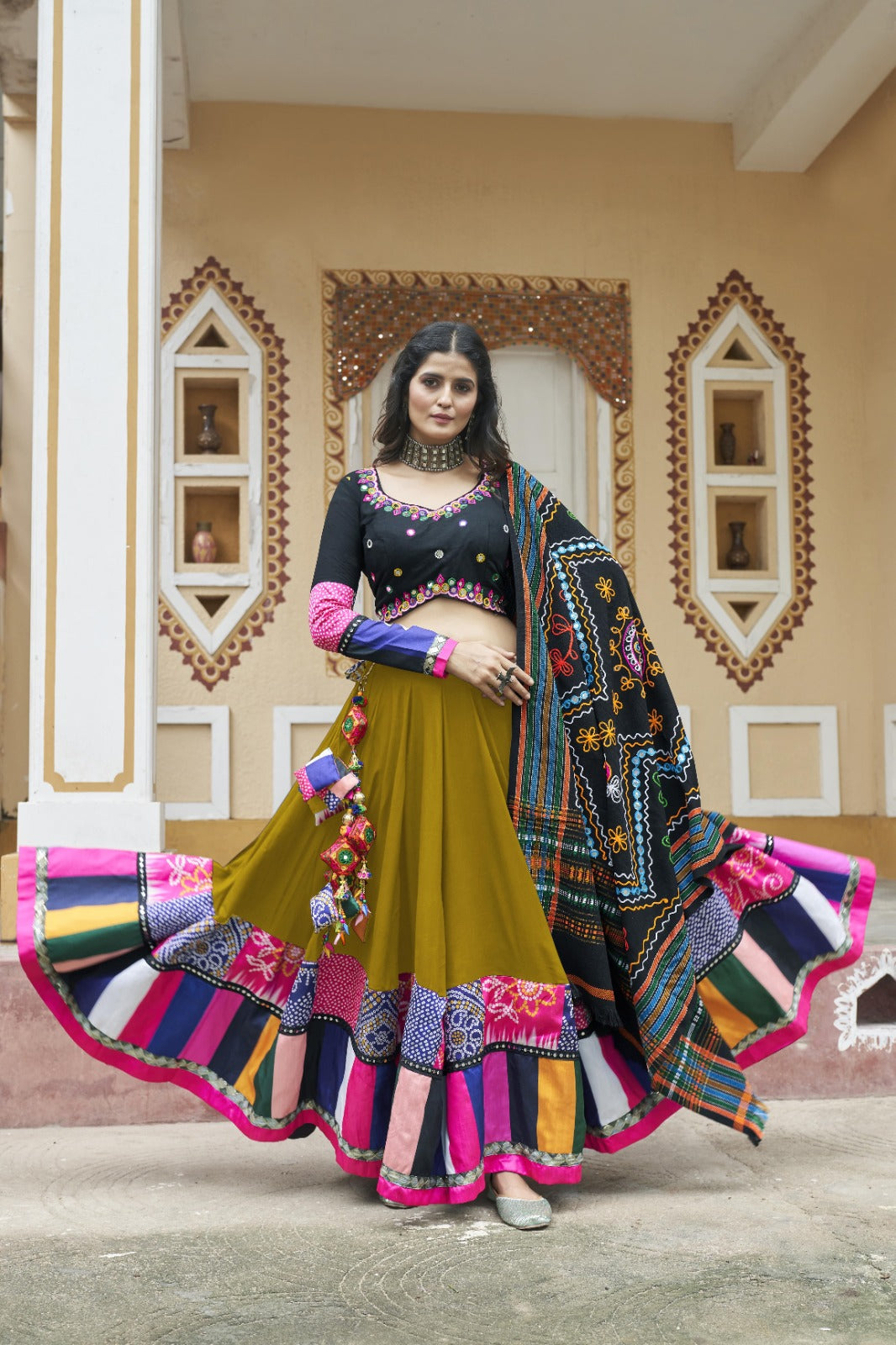 Flouracent Green Viscose Rayon Embroidered Navratri Lehenga Choli