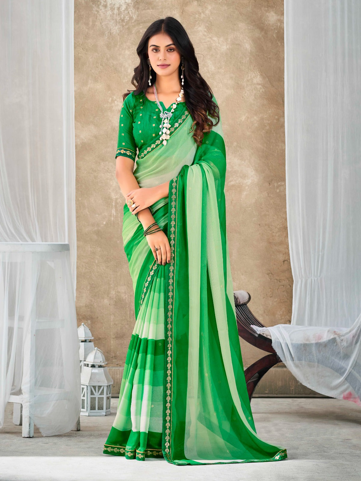 Apple Green Chiffon Georgette Printed Saree With Blouse