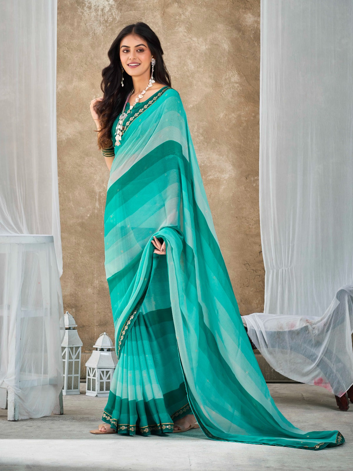 Sky Blue Chiffon Georgette Printed Saree With Blouse