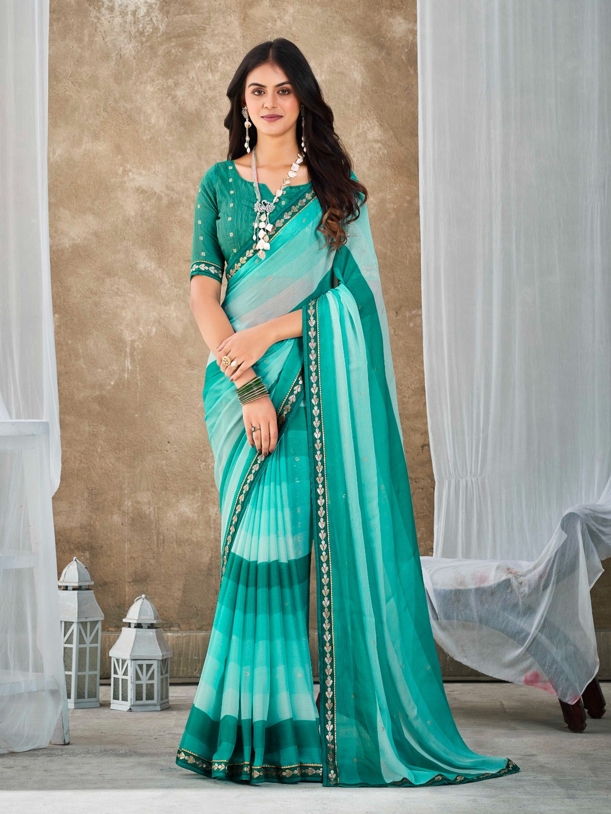 Sky Blue Chiffon Georgette Printed Saree With Blouse