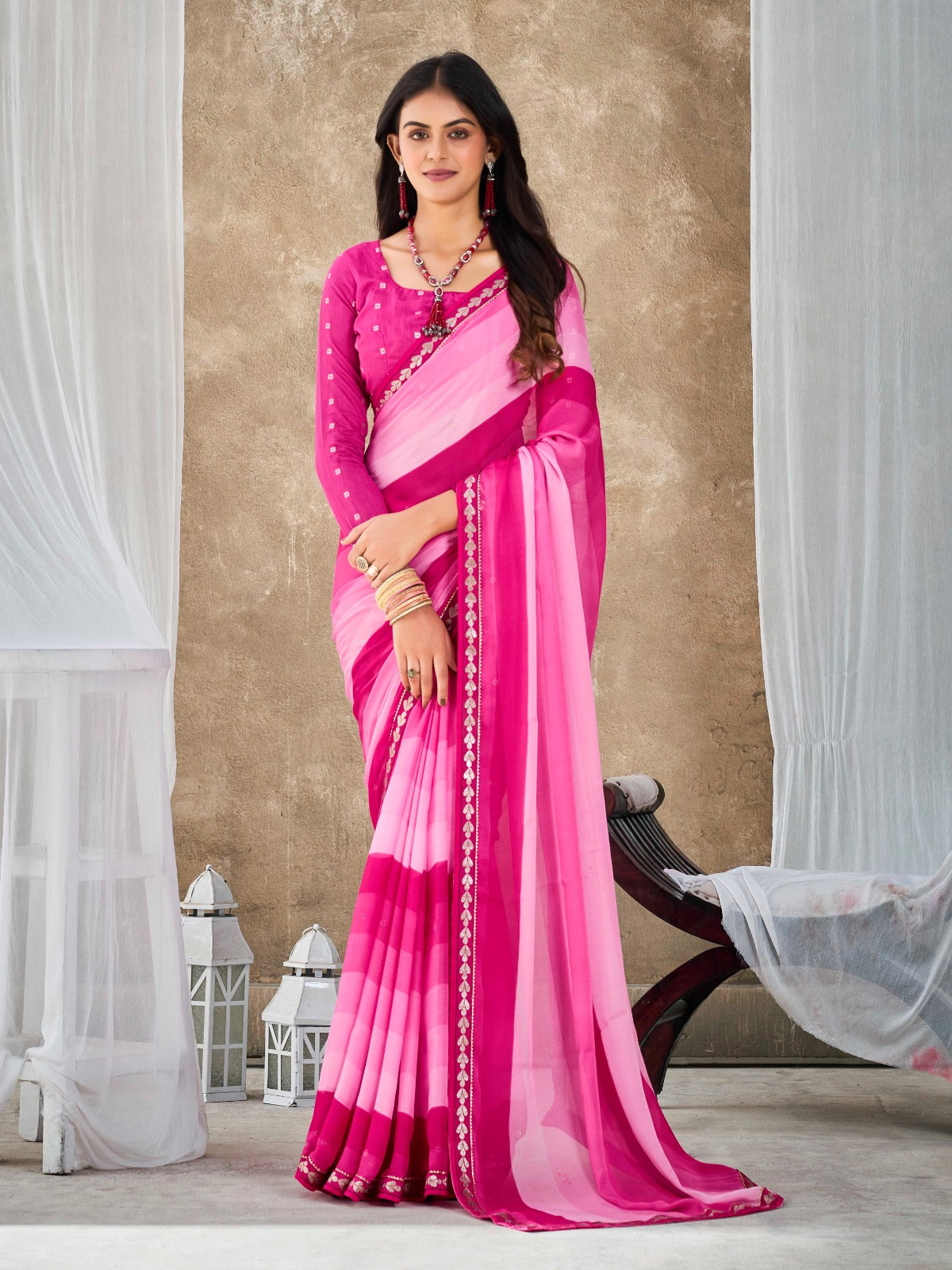 Fancy Pink Chiffon Georgette Printed Saree With Blouse