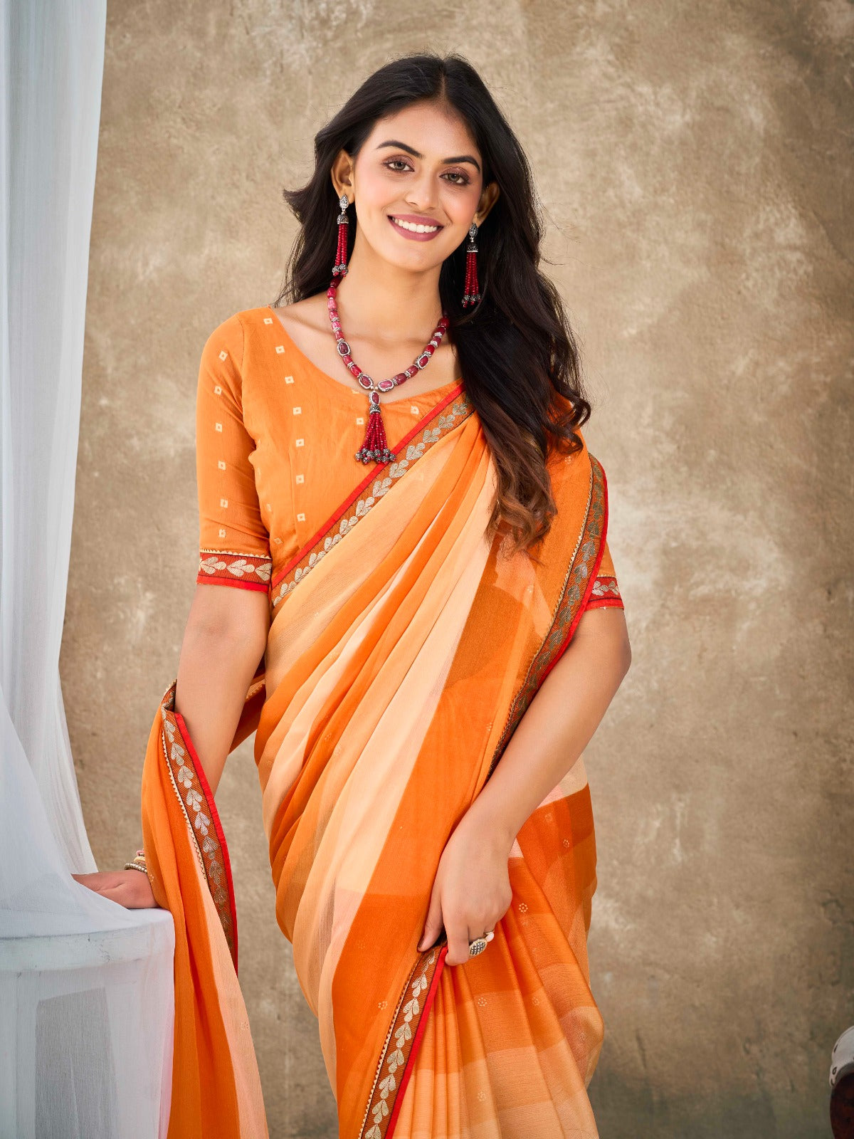 Pastel Orange Chiffon Georgette Printed Saree With Blouse