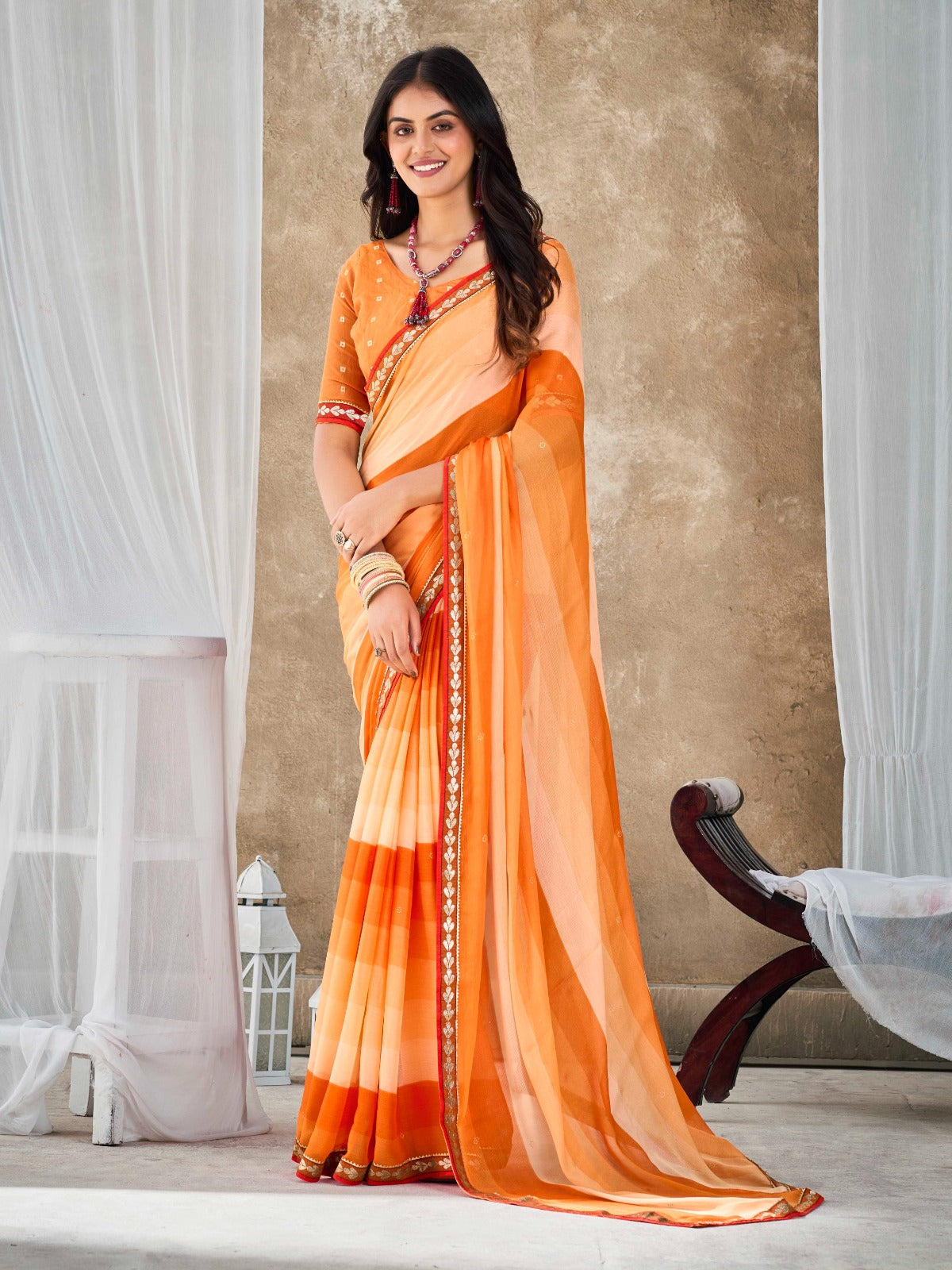 Pastel Orange Chiffon Georgette Printed Saree With Blouse