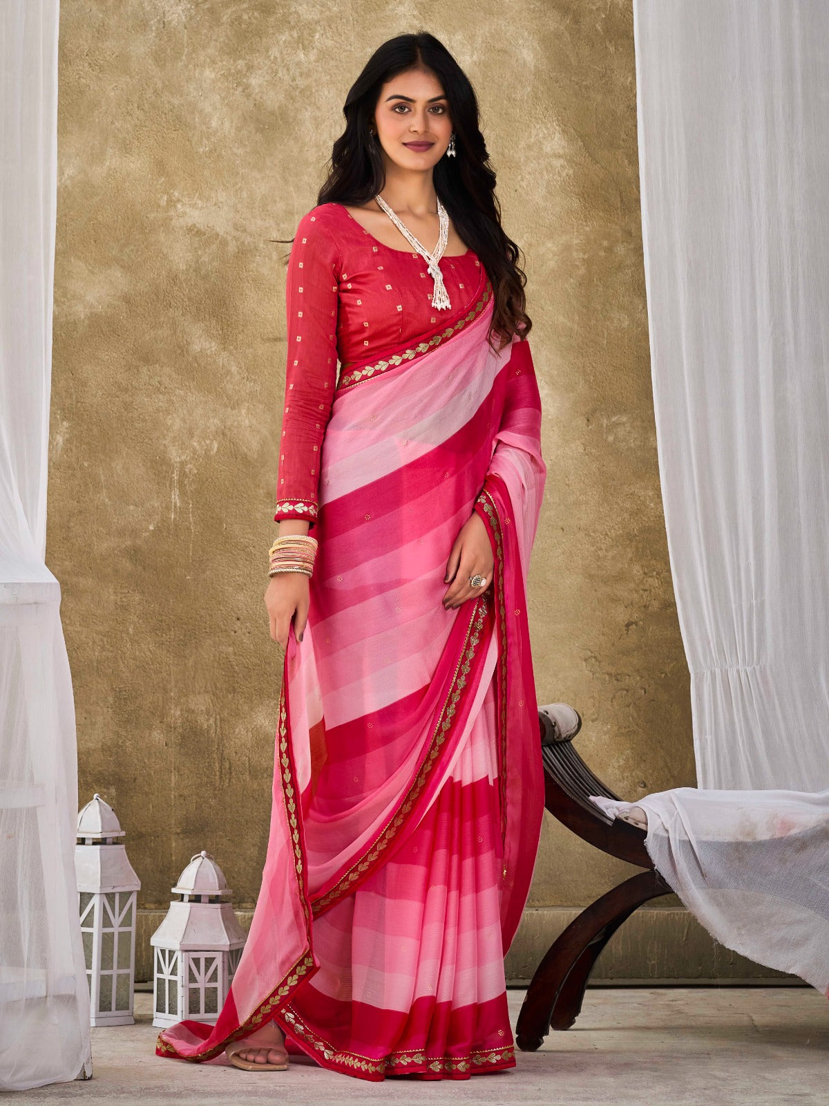 Pastel Red Chiffon Georgette Printed Saree With Blouse