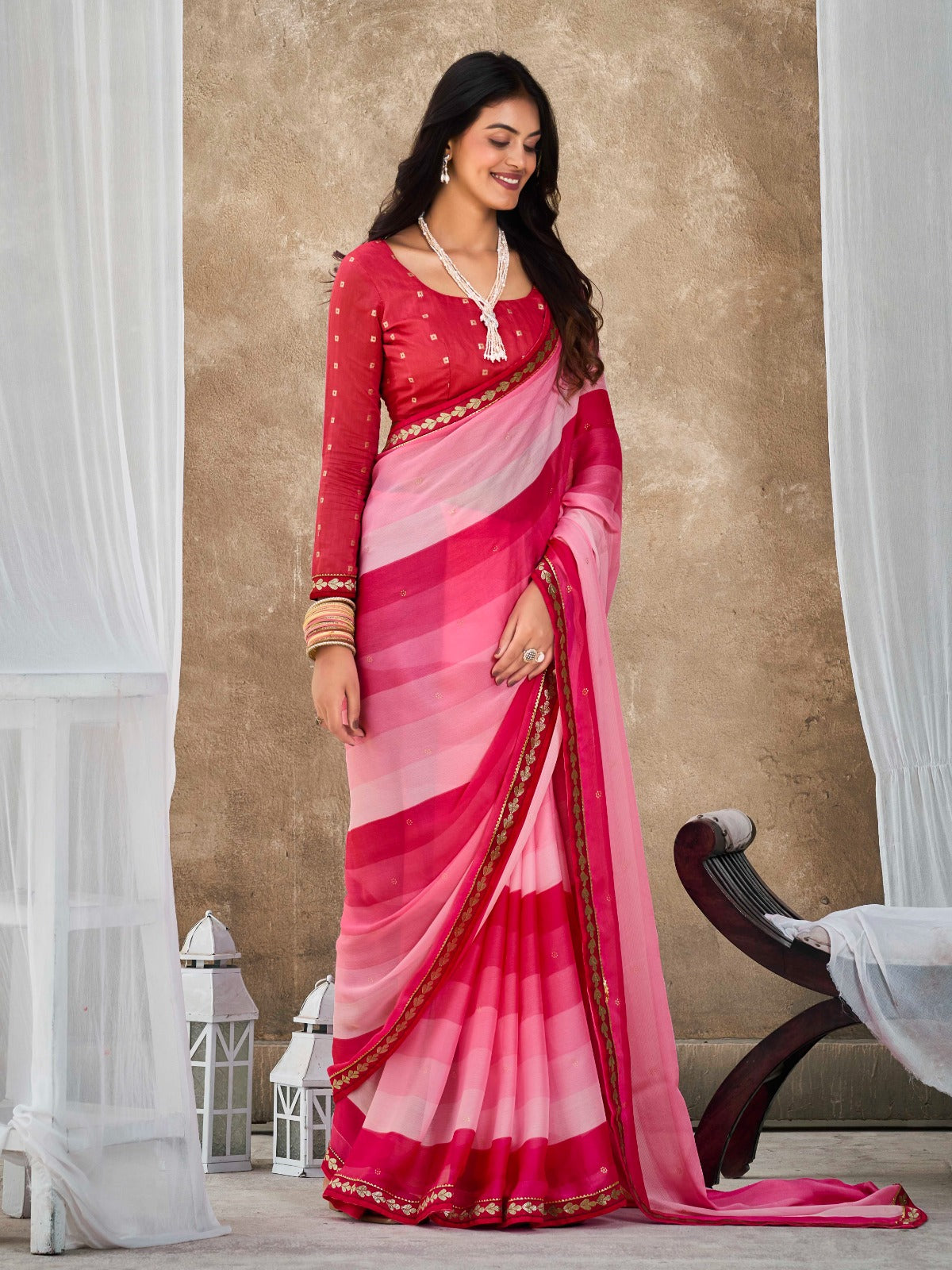 Pastel Red Chiffon Georgette Printed Saree With Blouse