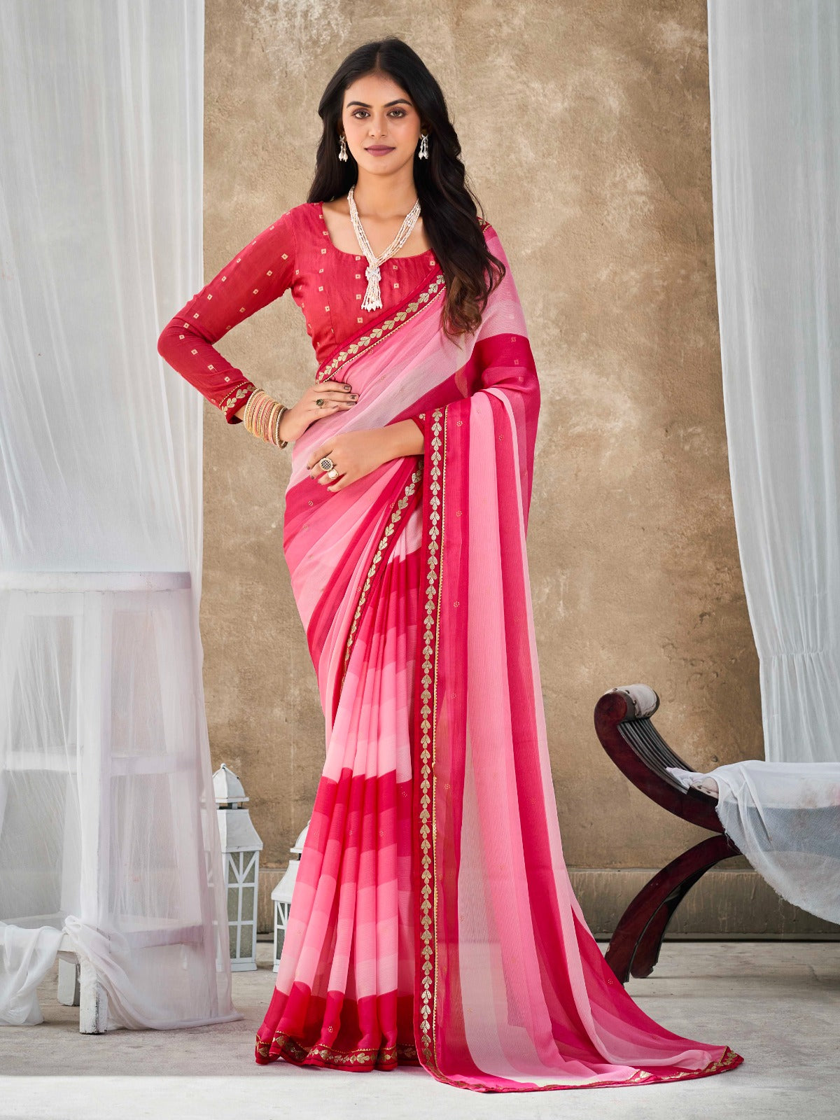 Pastel Red Chiffon Georgette Printed Saree With Blouse