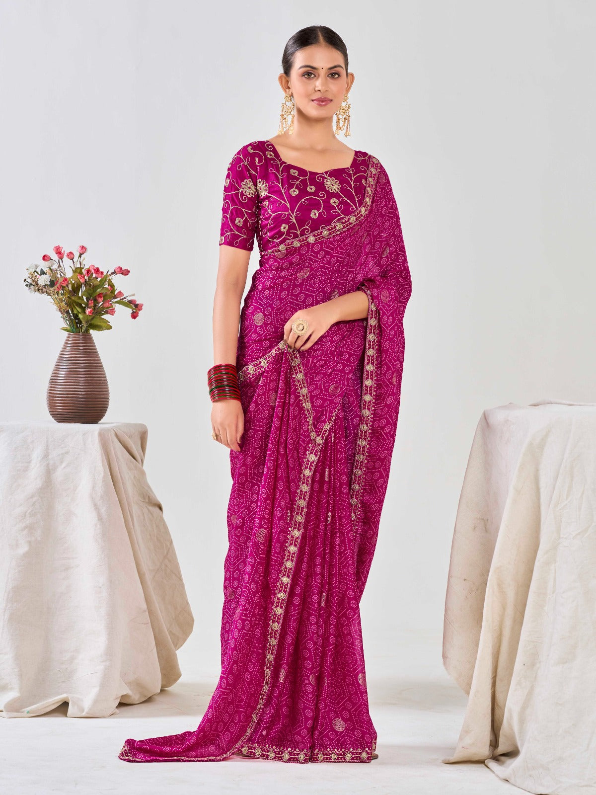 Magenta Chiffon Georgette Foil Printed Saree With Embroidered Blouse