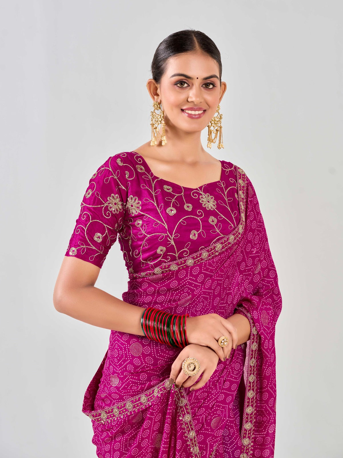 Magenta Chiffon Georgette Foil Printed Saree With Embroidered Blouse