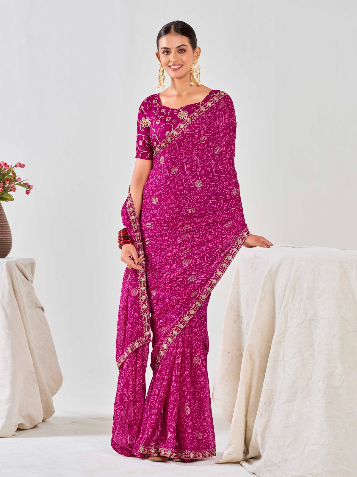 Magenta Chiffon Georgette Foil Printed Saree With Embroidered Blouse