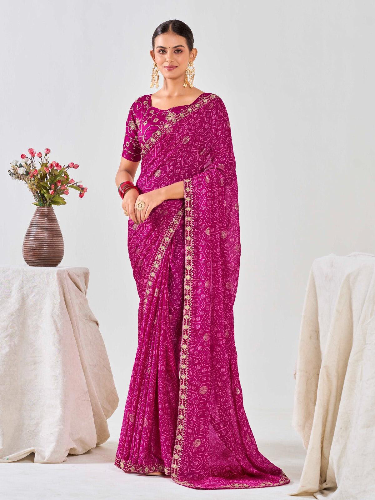 Magenta Chiffon Georgette Foil Printed Saree With Embroidered Blouse