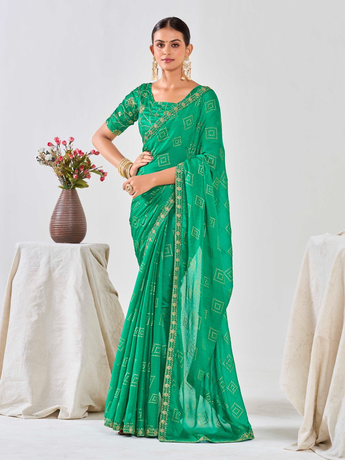 Teal Green Chiffon Georgette Foil Printed Saree With Embroidered Blouse