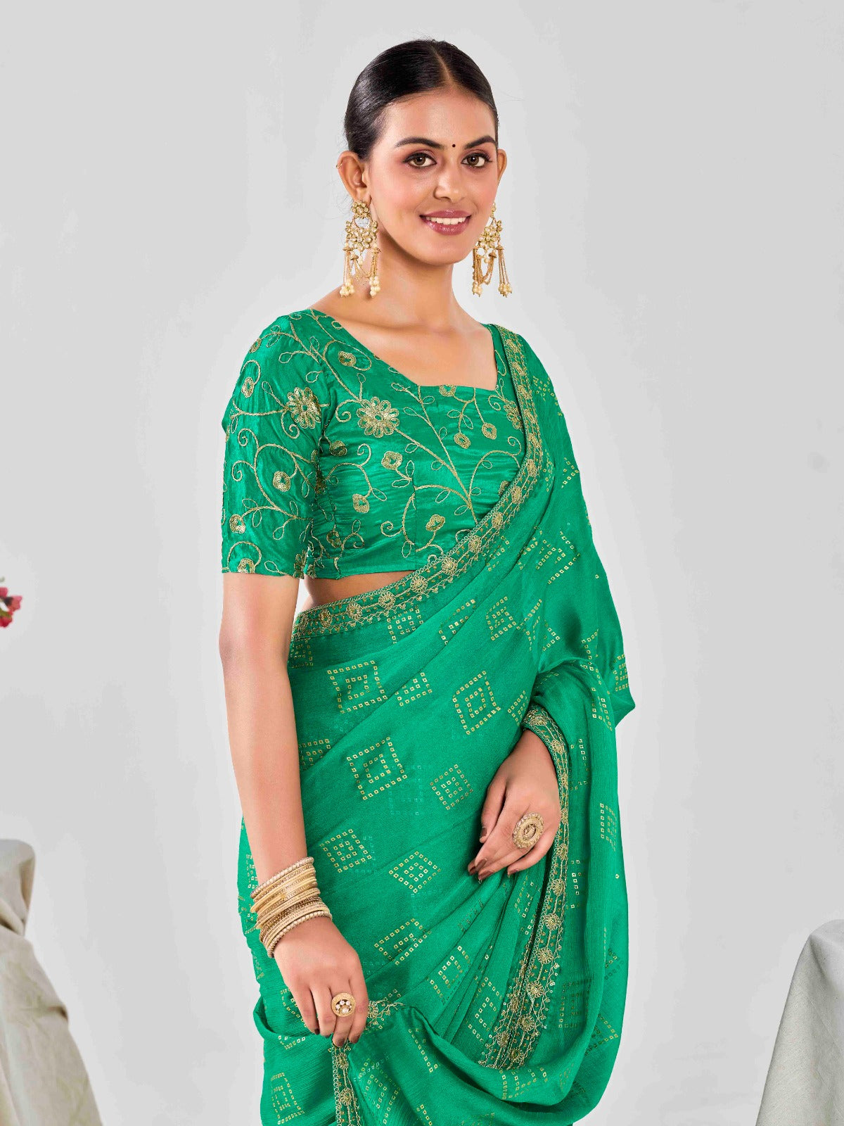 Teal Green Chiffon Georgette Foil Printed Saree With Embroidered Blouse