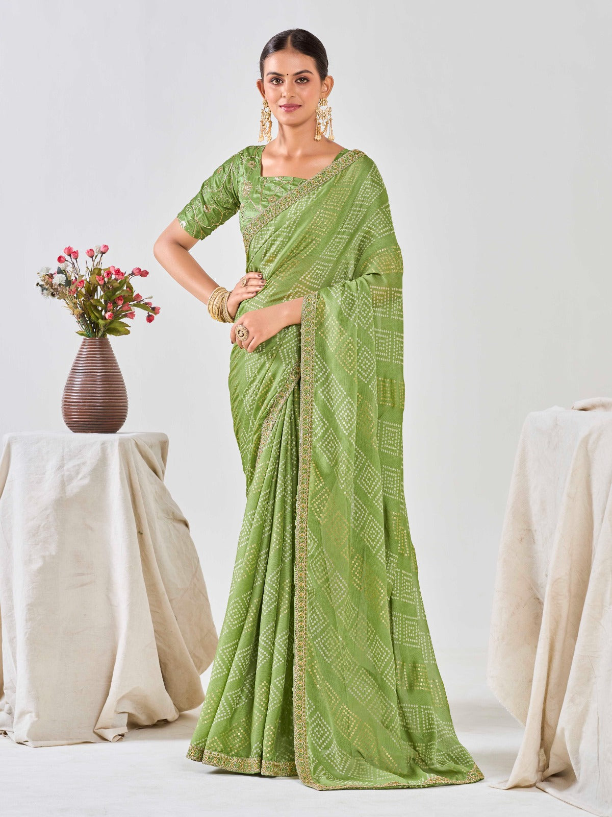 Pista Green Chiffon Georgette Foil Printed Saree With Embroidered Blouse