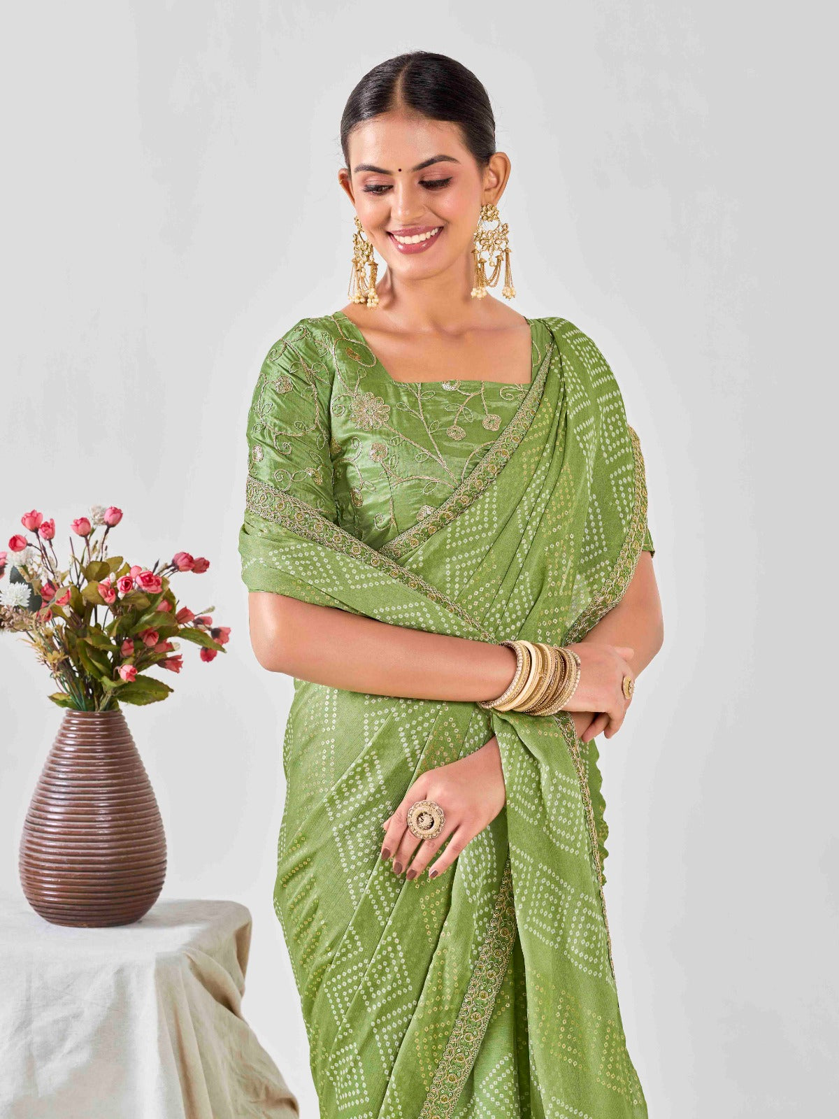 Pista Green Chiffon Georgette Foil Printed Saree With Embroidered Blouse