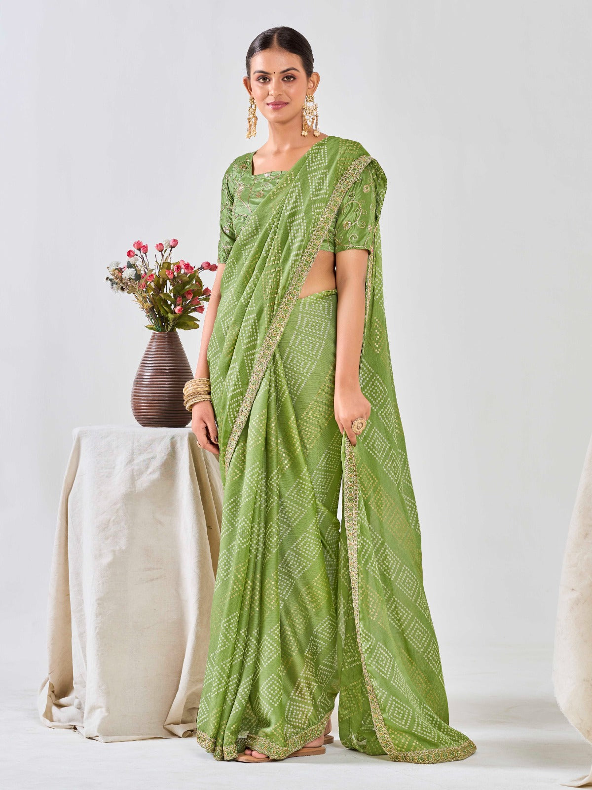 Pista Green Chiffon Georgette Foil Printed Saree With Embroidered Blouse