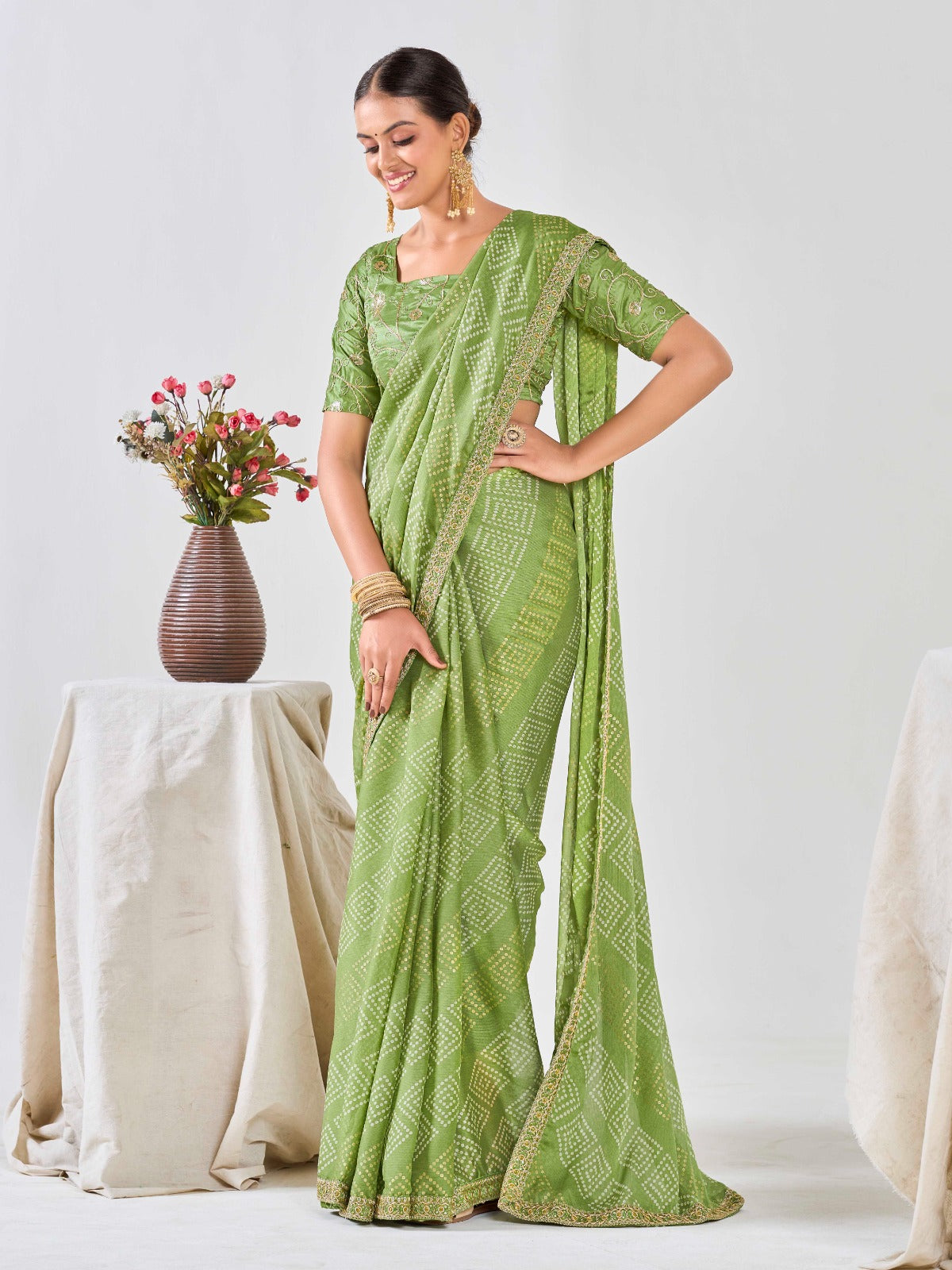 Pista Green Chiffon Georgette Foil Printed Saree With Embroidered Blouse