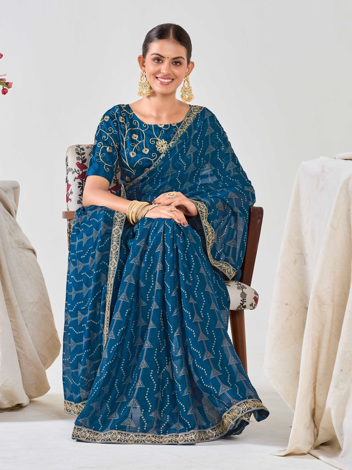 Navy Blue Chiffon Georgette Foil Printed Saree With Embroidered Blouse